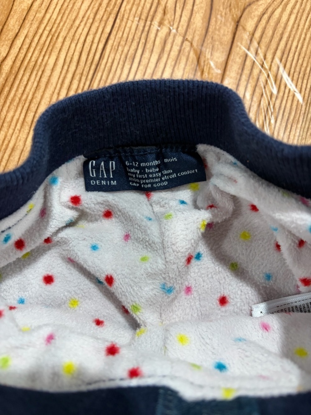 7/$20 GAP Denim Baby Navy Blue Pull-On Jeans with Polka Dot Fleece Lining - Picture 2 of 4